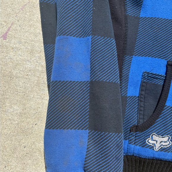 Y2K Vintage Fox Racing Blue & Black Plaid Sherpa-Lined Zip Up Hoodie - Picture 3 of 6